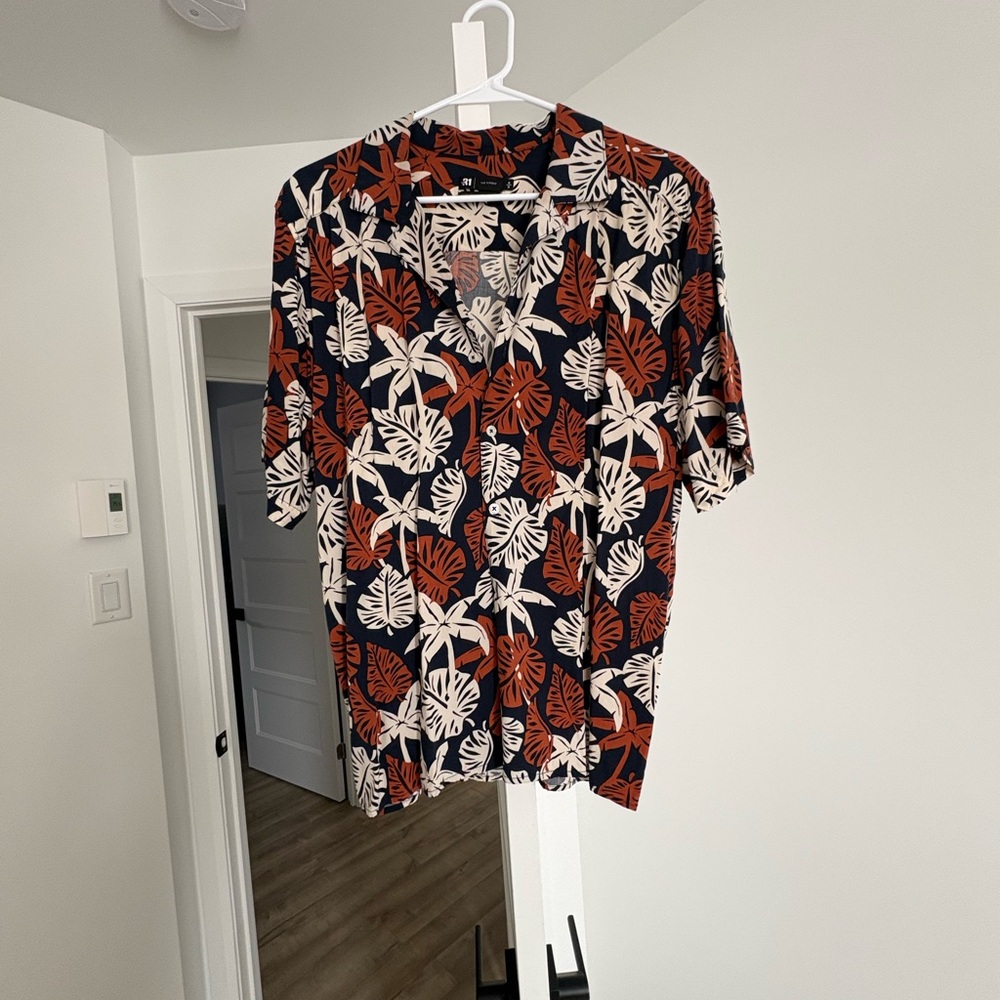 Simons Navy and Rust Tropical Leaf Shirt